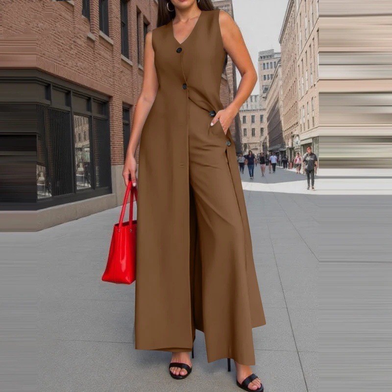 Women's Fashion Street Style Two Piece Set Sleeveless Long Top Wide Leg Pants Solid Color Summer_ecoleips.com