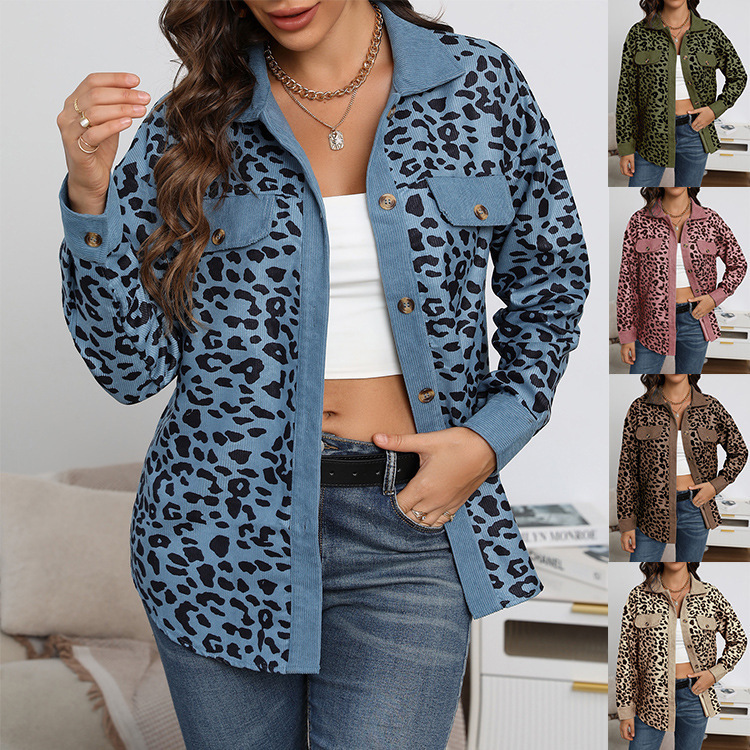 Amazon Autumn and Winter New Fashion Large Size Women's Corduroy Coat Leopard Print Loose Single-breasted Long-sleeved Jacket