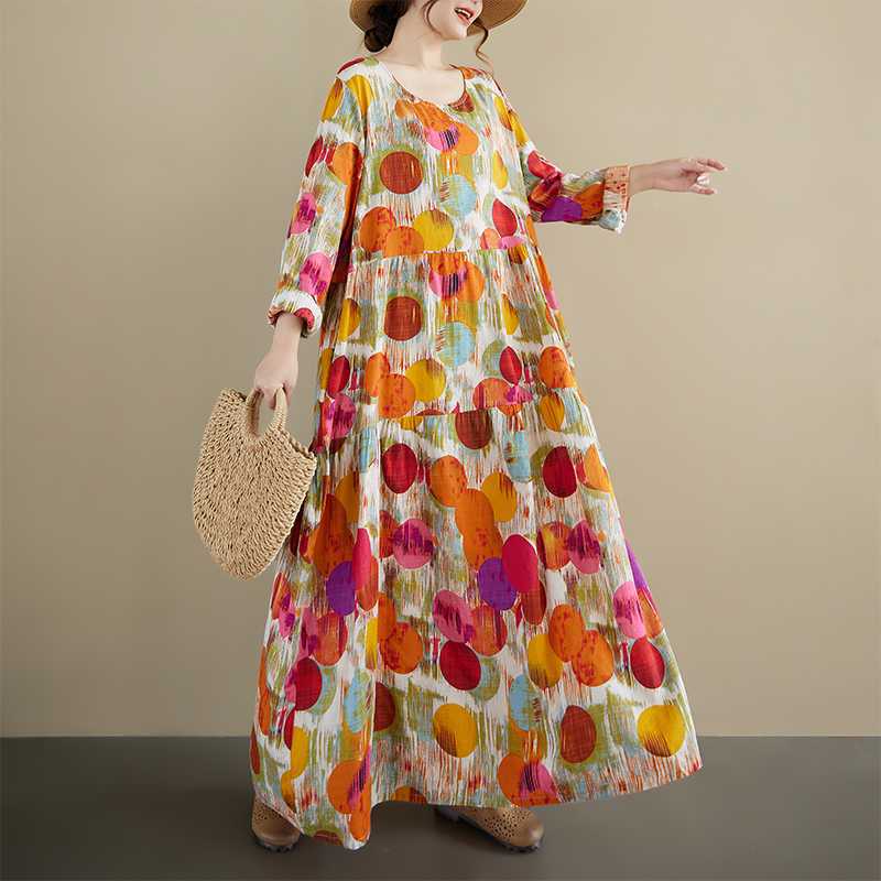 简约时尚波西米亚长裙2025秋新款圆领长袖中老年妈妈装连衣裙