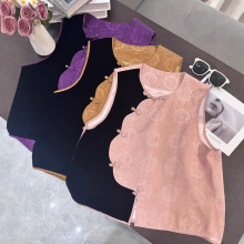 2025新中式铜氨丝拼接真丝丝绒宝相花色马甲纯手工盘扣百搭款马夹