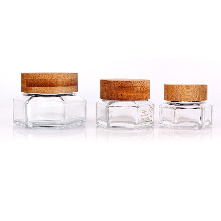 厂家直供30g50g竹木盖六棱面霜瓶100g竹木盖免洗面膜瓶 玻璃瓶
