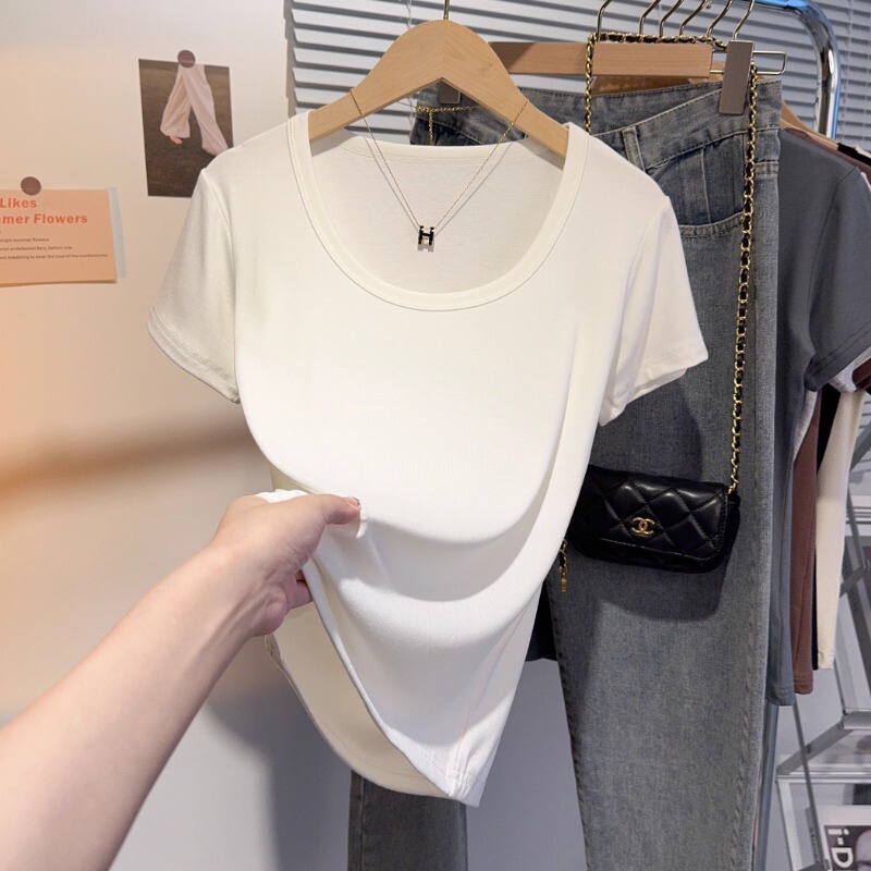 Solid Color Thread Short-sleeved T-shirt Women's Summer High-end Sense Shoulder Slim-fit Slimming Unique Beautiful Small Top with Tight Waist