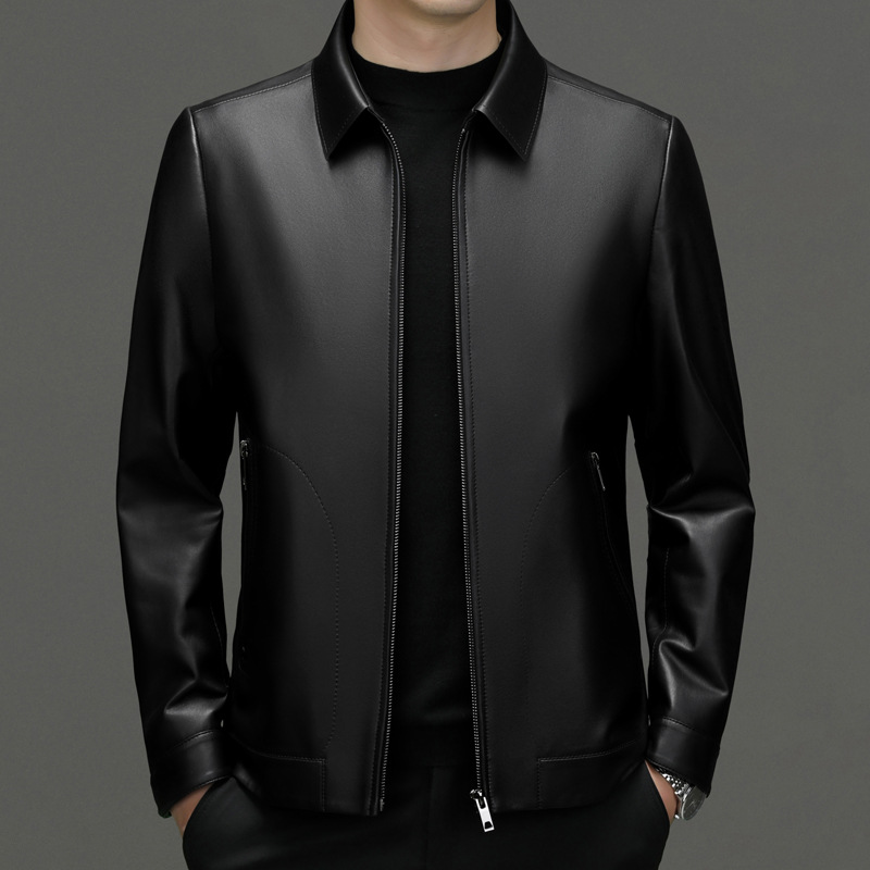 Autumn And Winter Men's Sheepskin Leather Jackets For Middle-aged And Young Business Casual Lapel Leather Jackets For Men