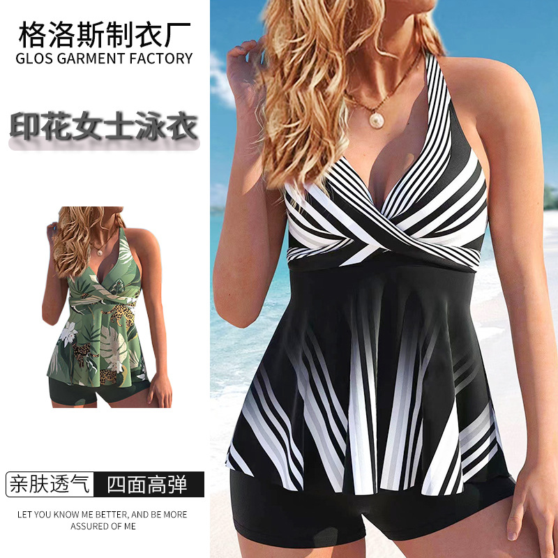 Cross-border New Conservative Shorts Printed Women's Swimsuit Split Belly-covered Slim-fit Multicolor plus size Swimsuit Two-piece Set