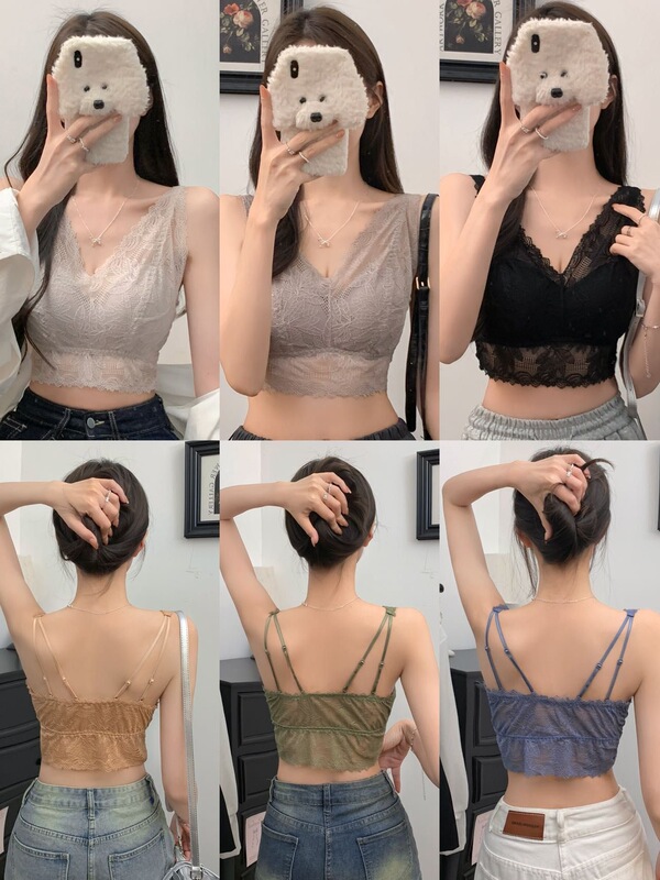 French Style Lace Wide Shoulder Strap Beautiful Back Small Vest Women's Detachable Cup Deep V Anti-running Light plus size Underwear All-match free size