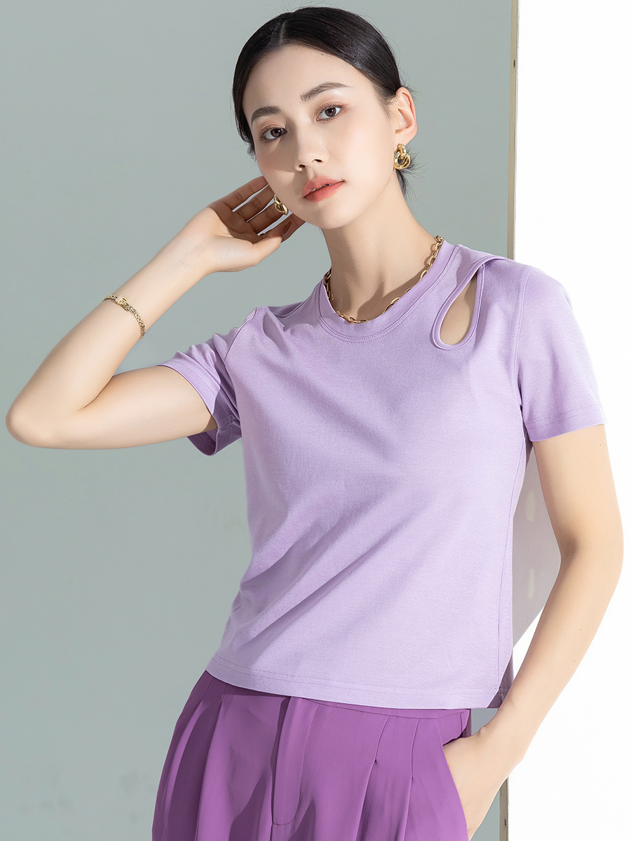 Áo thun nữ tay ngắn thiết kế khoét vai, chất liệu dệt kim acetate Tencel ôm dáng — Màu tím