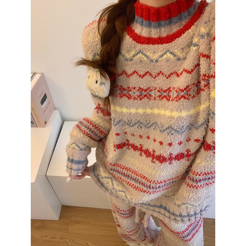 复古民族风撞色拼接半边绒睡衣女款冬天家居服舒适保暖毛衣两件套|undefined