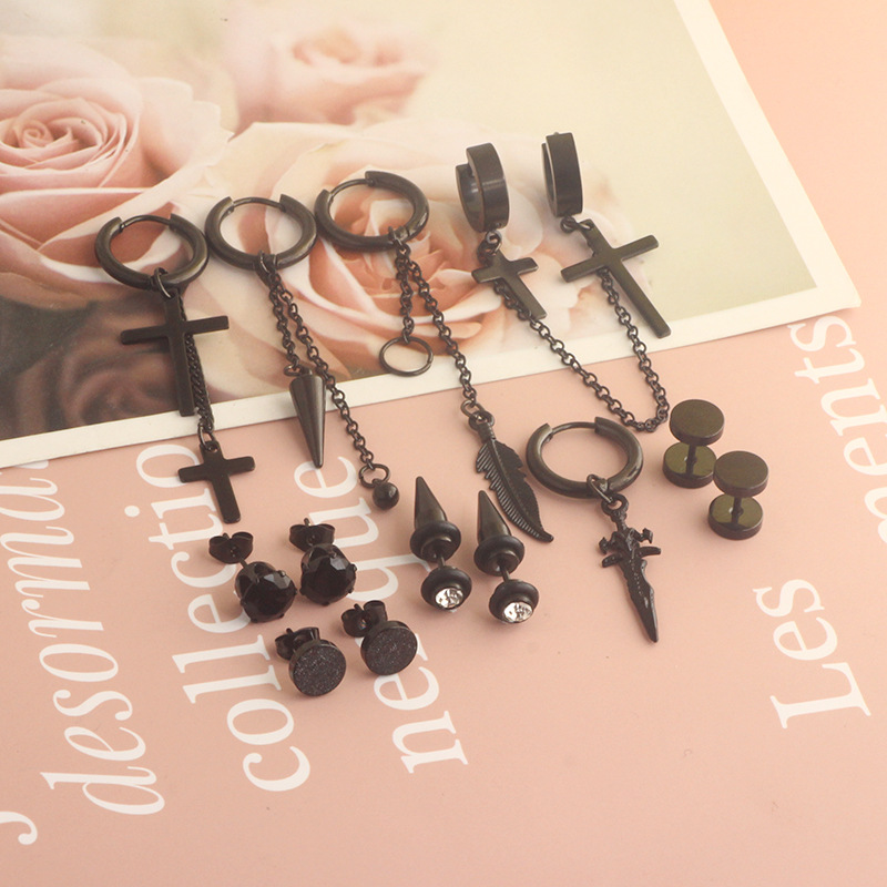 17 Pieces Set Men Stud Earrings Stainless Steel Pierced Earrings Set Black Silver Cross Earrings detail image 10