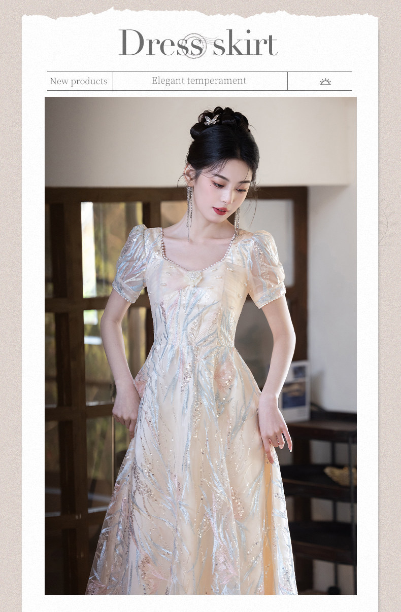Đầm maxi nữ thắt eo phong cách Pháp, thiết kế dáng dài sang trọng, tay dài, cổ chữ V, chất liệu cao cấp — Màu champagne chi tiết 1