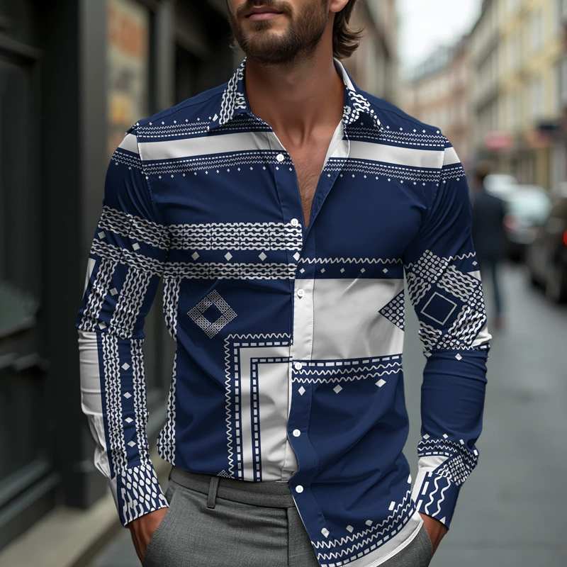 Бизнес-рубашка Линии в клетку в полоску Мужская рубашка с принтом Весенний однобортный отворот 2025 Гавайская рубашка