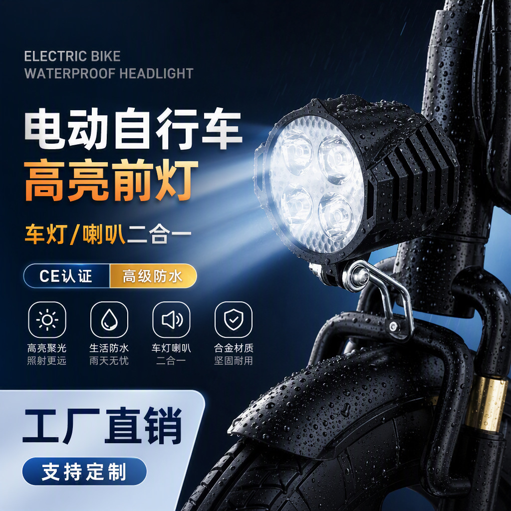电动自行车前灯带喇叭电瓶车扩音器折叠车骑行配件CE认证高亮