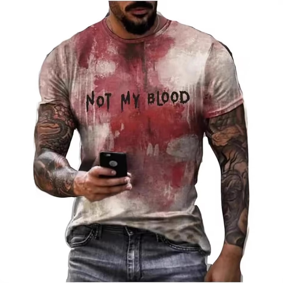 2024 venta caliente divertido eslogan manchado de sangre impresión 3D hombres personalidad de la calle suelta y transpirable camiseta de cuello redondo de manga corta