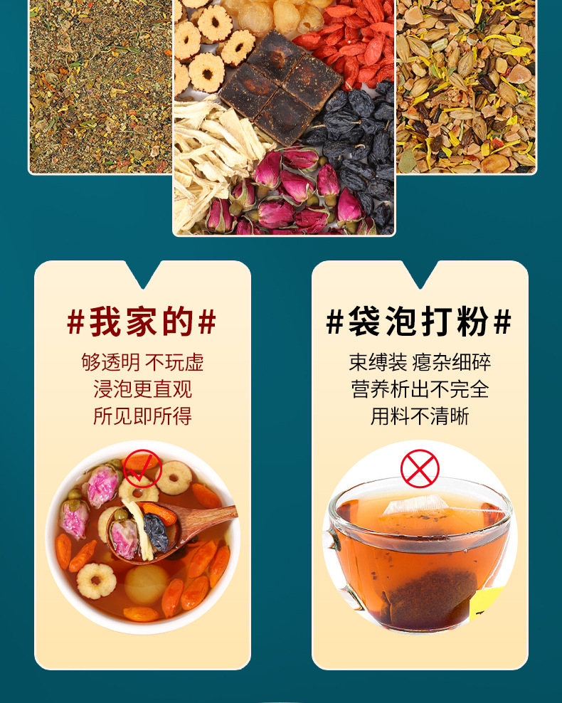 Brown Sugar Seven Treasure Tea He Tang Qi Bao Cha Ginger Jujube Goji Rose Herbal Tea 20 Bags 150g quality and texture