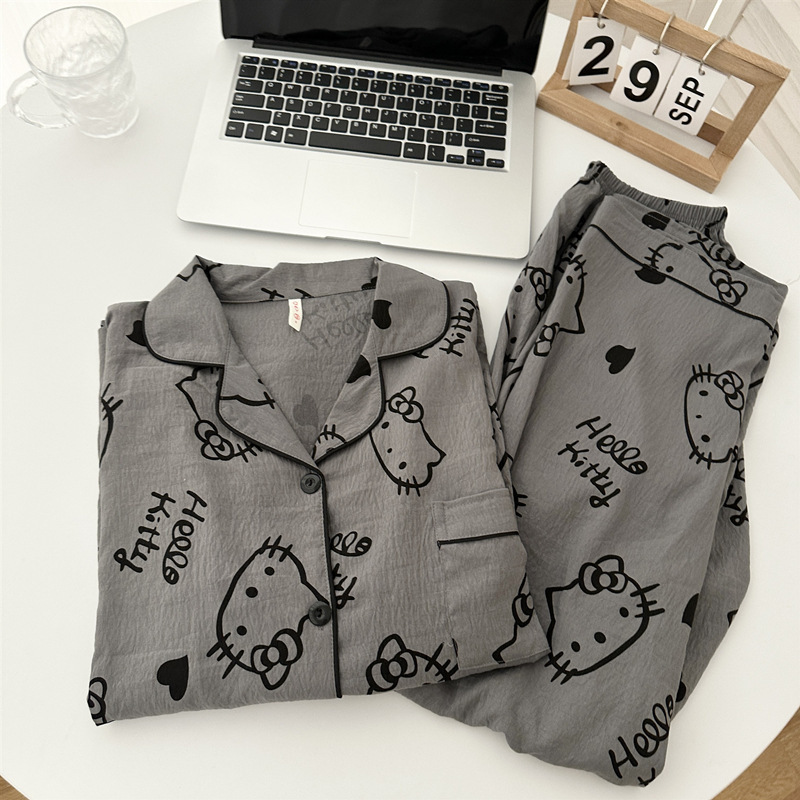 格子helloKitty云朵纯棉纱布睡衣女春秋款长袖可爱开衫家居服夏季|undefined