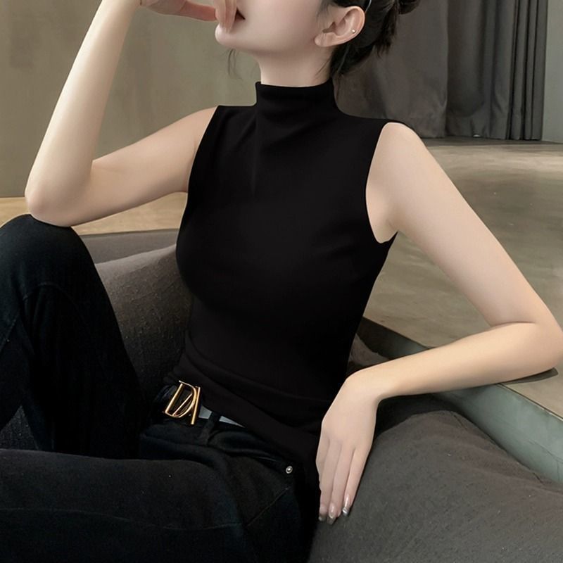여성을 위한 모달 하프 터틀넥 조끼 여름 신작 민소매 탑 디자인 틈새 블랙 바닥 셔츠