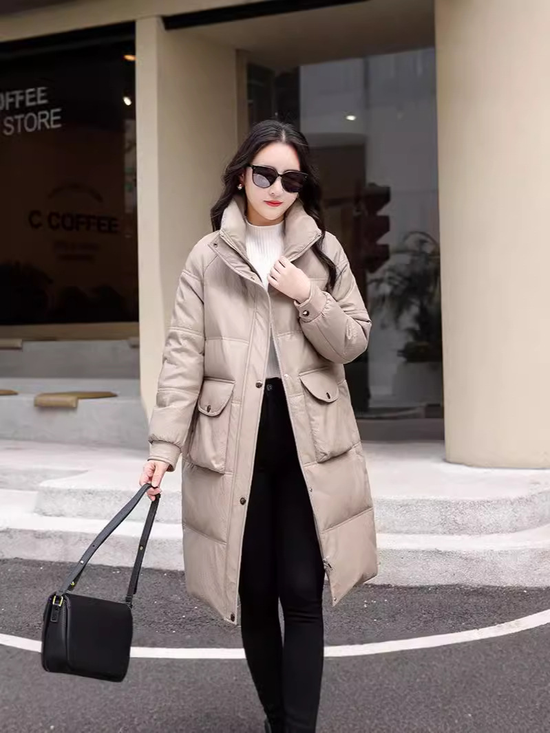 海宁真皮皮衣女士中长款大码韩版宽松羽绒服外套皮草白鸭绒妈妈装