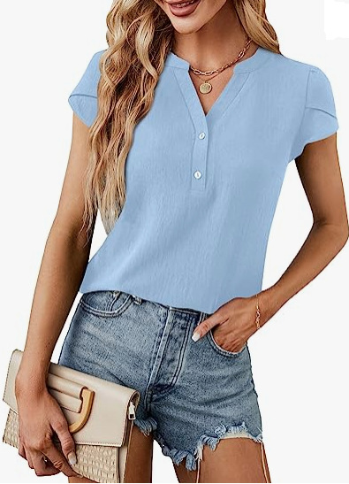 Amazon European and American Cross-border Women's Clothing Explosions Women's Casual Top White Button Shirt Cover Sleeve V-neck T-shirt