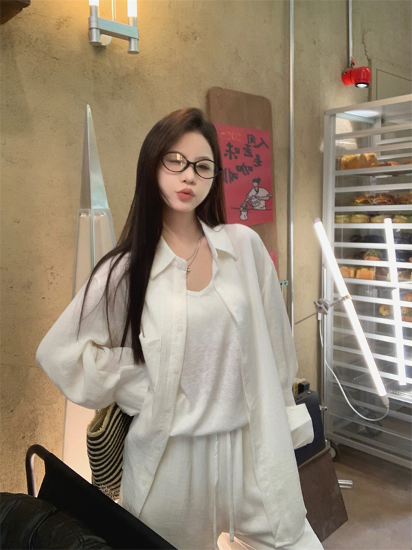 棉麻运动套装女秋季老钱风宽松防晒白色衬衫时尚高腰阔腿裤两件套|undefined