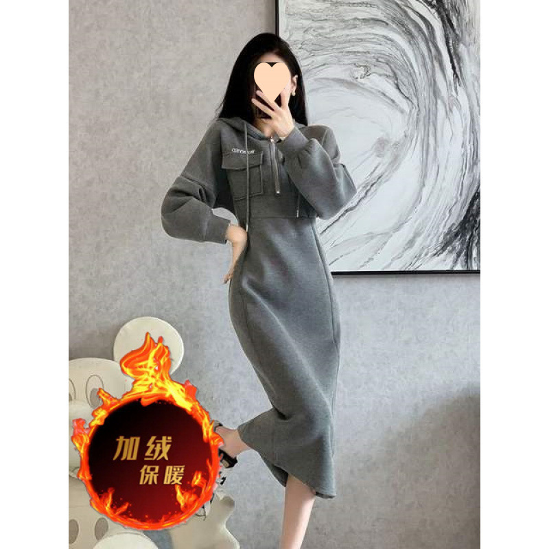 中長款連帽衛衣裙女秋冬新款加絨加厚高級感收腰顯瘦休閒連衣裙子