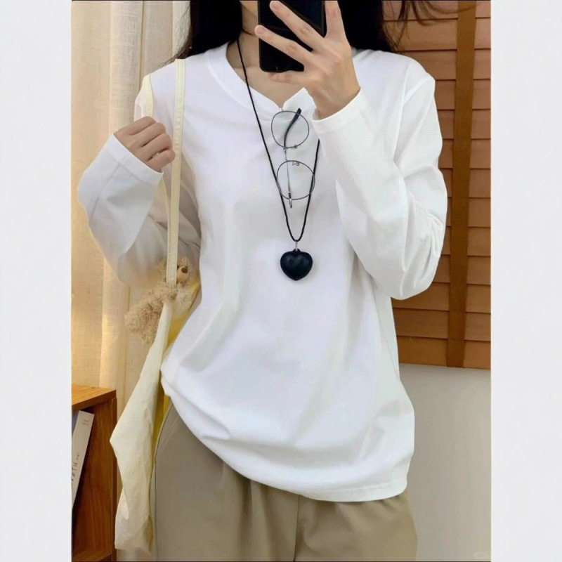 正肩纯棉长袖T恤女春秋内搭纯色打底衫宽松百搭上衣简约休闲体恤|undefined