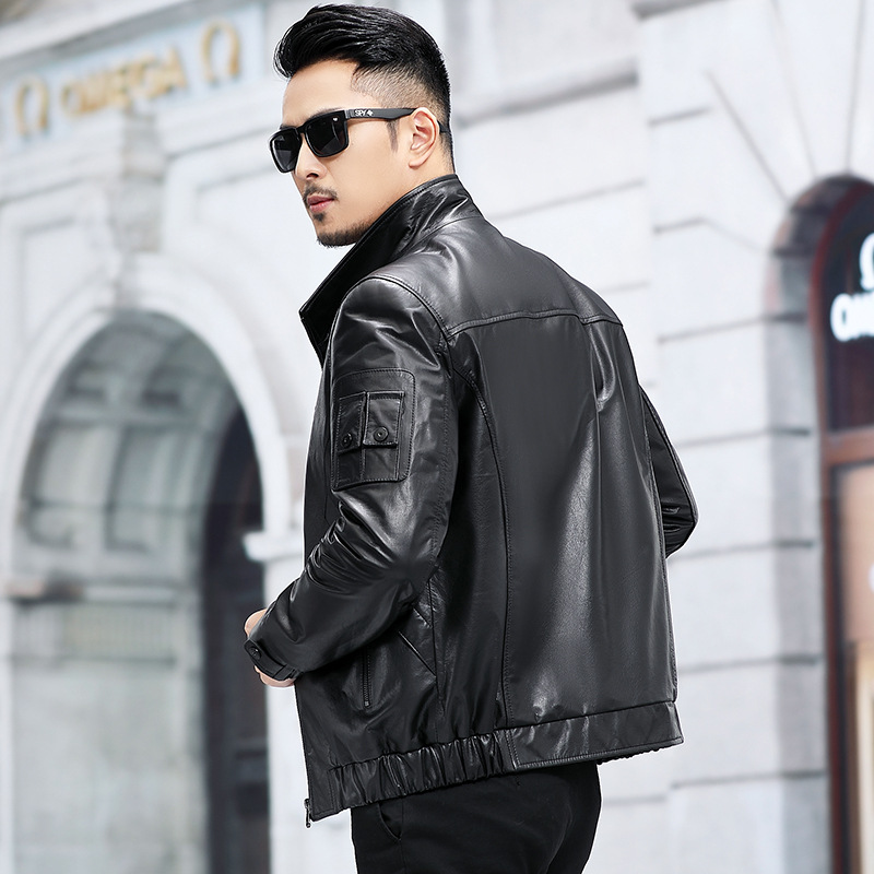 Haining New Genuine Leather Men's Down Jacket Top Layer Cowhide Short Vertical Collar Handsome Motorcycle Leather Jacket Coat