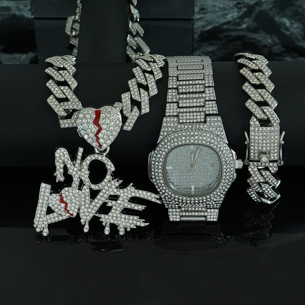 Conjunto de Reloj y Collar con Colgante NO LOVE, Estilo Cubano, para Hombre, en Caja de Regalo de Lujo