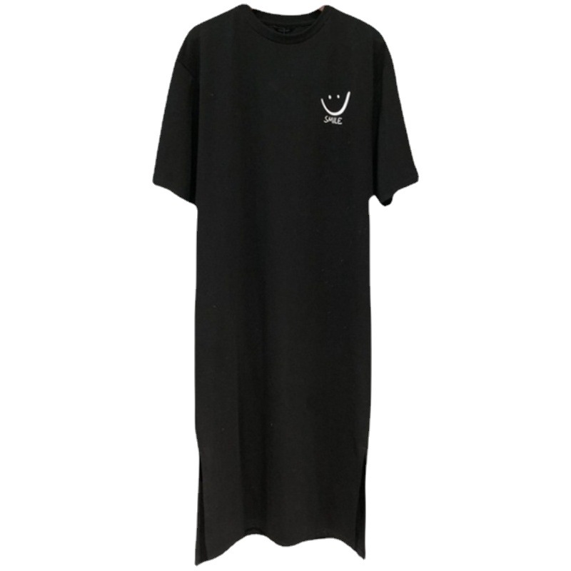 1106 # 【2025夏新商品】純綿笑顔丸首側開叉長型膝丈tシャツワンピース女