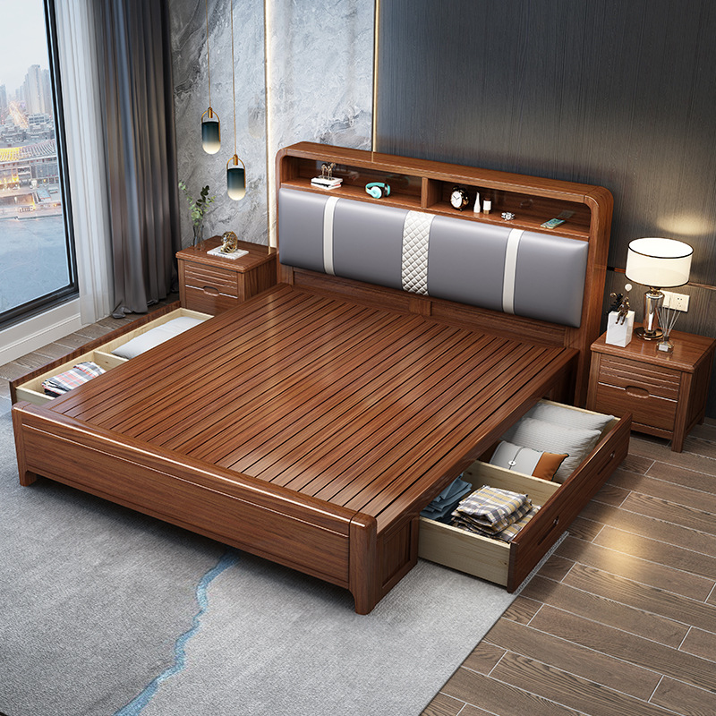 Nogal cama de madera maciza 1,8 metros cama doble 1,5 metros de almacenamiento cama bolsa suave moderno Nuevo chino boda muebles de cama