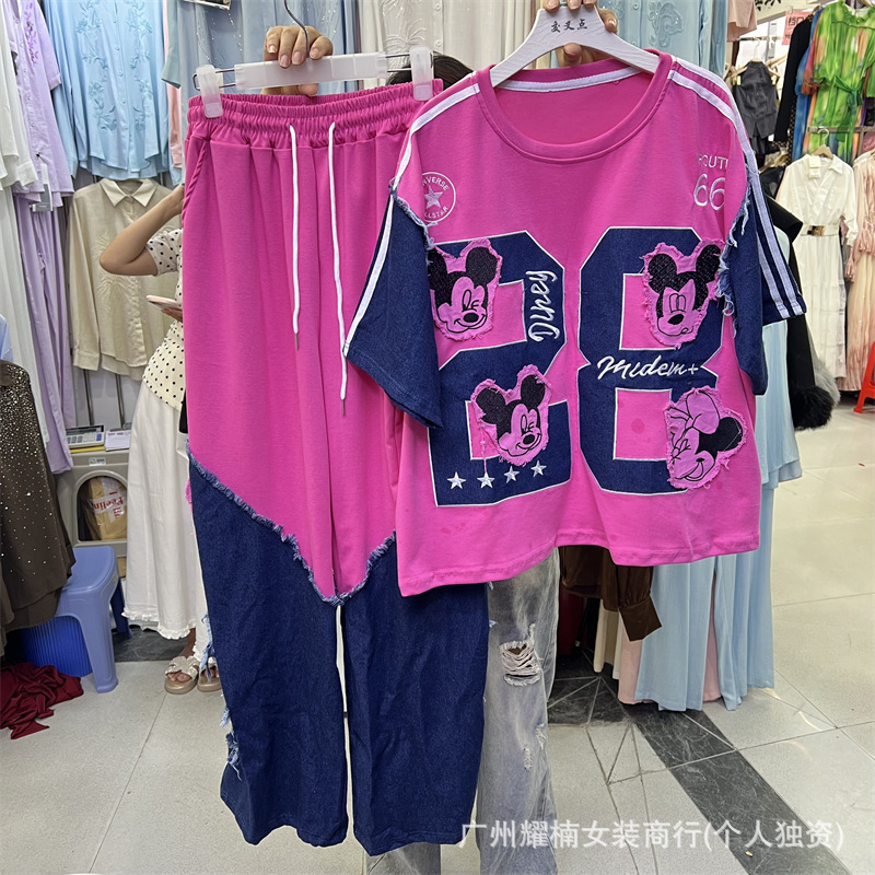 Foreign trade European and American style embroidered denim patchwork cartoon loose short-sleeve T-shirt top + elastic waist wide-leg long pants set Foreign trade European and American style embroidered denim patchwork cartoon loose short-sleeve T-shirt top + elastic waist wide-leg long pants set