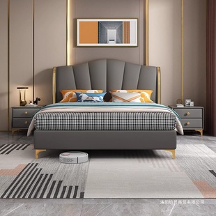 Genuine Leather Bed, Light Luxury, Modern and Simple, Nordic Solid Wood Double Bed, Atmospheric Wedding Bed, Cowhide Italian Storage Master Bedroom Soft Bed