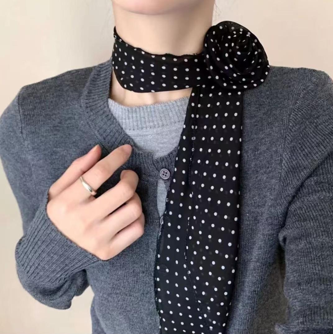 Korean Version Versatile Black Long Striped Polka Dot Rose Silk Spring Summer Thin Atmosphere Niche Neck Scarf_voghion.com