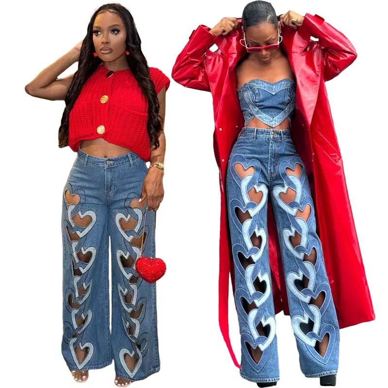 TK6332 European and American women's elastic personalized Denim pants new hollow embroidery love straight trousers women TK6332 European and American women's elastic personalized Denim pants new hollow embroidery love straight trousers women