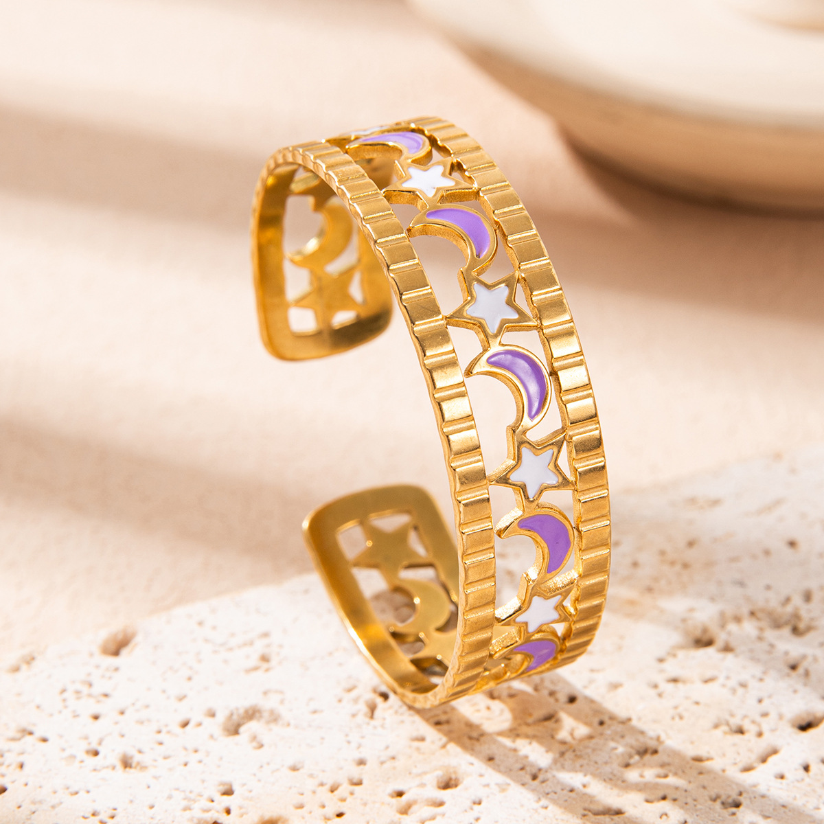 Holiday, Street Occasion Retro Classic Style Star Moon 304 Stainless Steel 18K Gold Plated Cuff Bracelets In Bulk