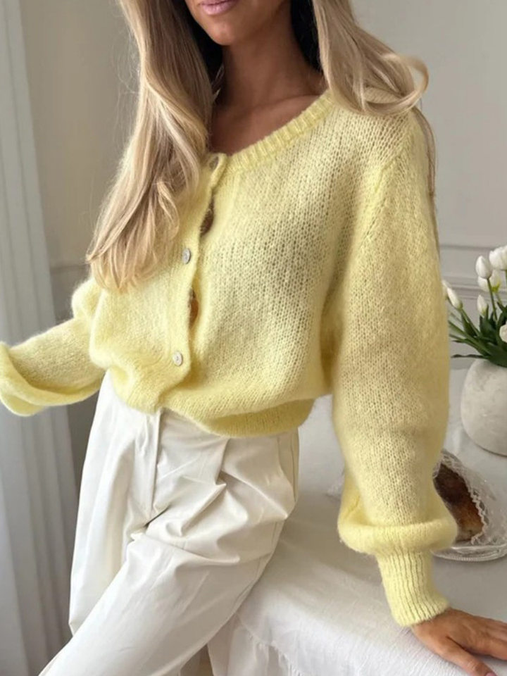 Áo cardigan len dệt kim dáng mỏng nhẹ cài nút một hàng, tay dài cổ tròn nữ — hoa hồng đỏ, màu be, màu cam, màu hoa cà chi tiết 14