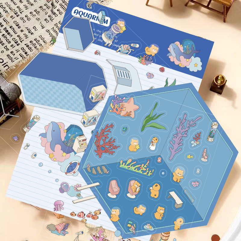 漫画造園ステッカー、さまざまなミニチュア世界 3D キャビン、リトルレッドブック減圧 DIY シーンハンドブックステッカー卸売 PET|undefined