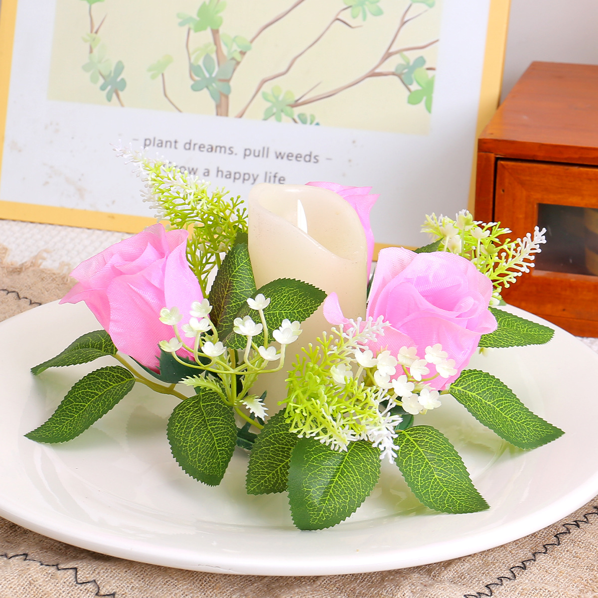 Boda transfronteriza simulación flor de rosa candelabro corona Día de San Valentín sala de estar vela copa decoración anillo de ratán decoración de escritorio