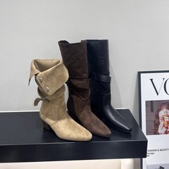 磨砂真皮尖头金属扣小众辣妹西部牛仔靴子翻领两穿马丁机车靴女鞋