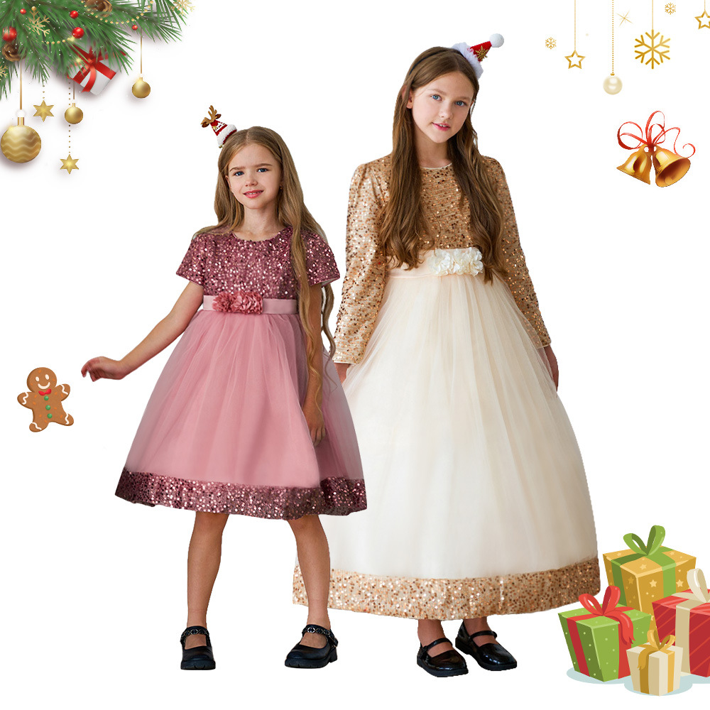 2024 Amazon nuevo vestido de los niños princesa vestido de la hermana de malla de lentejuelas pettiskirt vestido de Navidad
