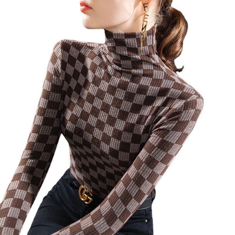 Camisa de mujer cuello alto cepillado 2022 nueva camiseta de manga larga estampada a cuadros de mujer cálida Cintura interior ajustada superior