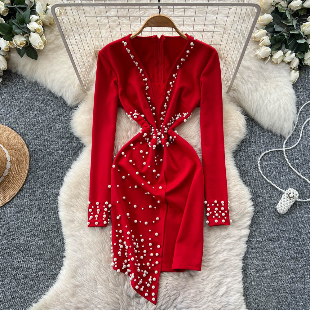 Cross-Border Evening Dress for Women, European and American Fashion Socialite, Heavy Beaded V-Neck Long-Sleeve, Waist-Cinching, Irregular Bodycon Dress