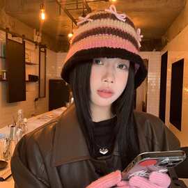 手钩毛线立体蝴蝶结条纹渔夫帽女复古设计感小众甜美可爱针织帽子