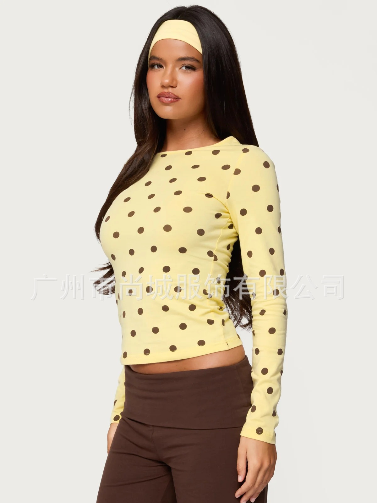 Cross-Border Foreign Trade Amazon Tk Best-Selling Women's Fashion Casual Polka Dot Slim Fit High-Elastic Round Neck Long-Sleeved Top