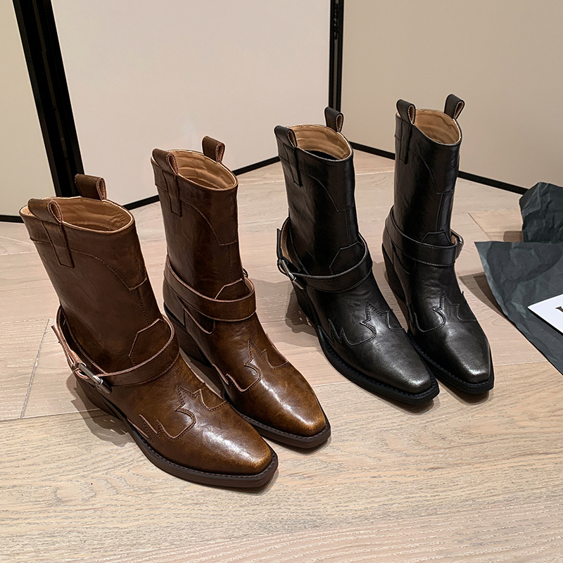 Boot nữ cao gót mũi nhọn chữ V kiểu cowboy gót thô khóa thắt lưng — Màu nâu [lót nhung] chi tiết 10