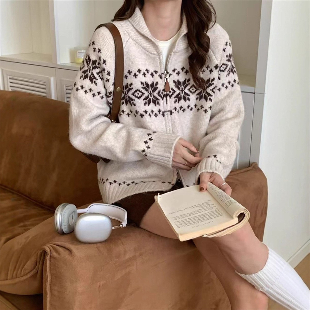 Retro Fair Island Jacquard suéter mujeres otoño invierno nuevo viento relajado doble cremallera jersey chaqueta