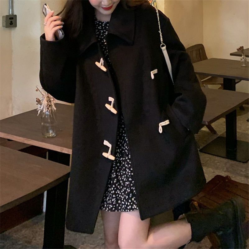 Autumn and Winter New Korean Style Loose Elegant Horn Buckle Woolen Coat for Petite Mid-length Black Woolen Coat for Women