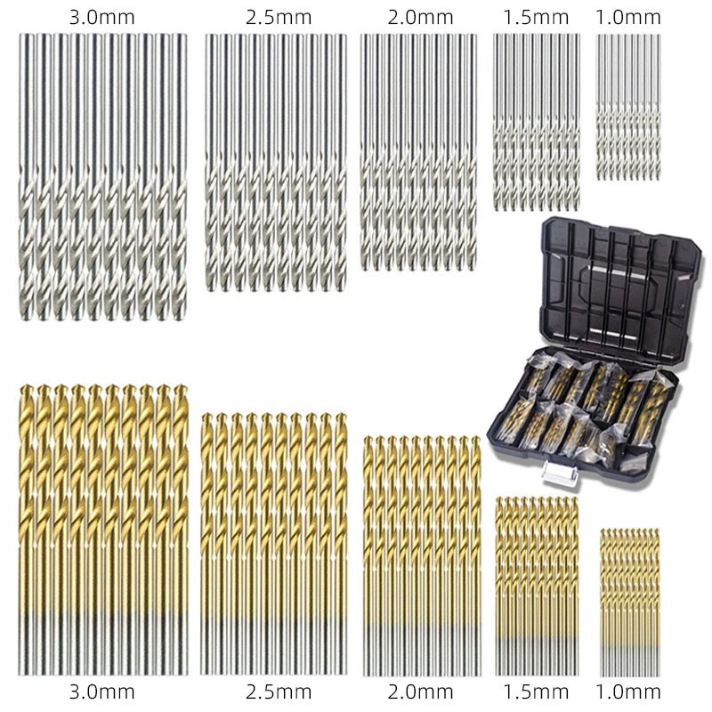 Yunbei 50pcs титановый набор из спиральных сверл из быстрорежистой стали с прямой рукояткой микро-отверстия из спиральной сверла 1-3 мм