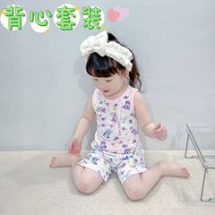 Foreign Trade Baby Thin Hollow-out Clothes Summer Quick-drying Breathable Children's Cotton Vest Top Half-length Belly Protection Pants Set