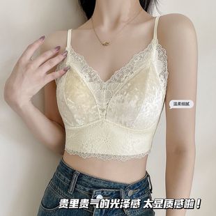 Sexy Lace Short Tube Top for Women with Thin Straps, Featuring a Push-Up Design with Chest Pads, Suitable for Wearing Outside, with a Beautiful Back