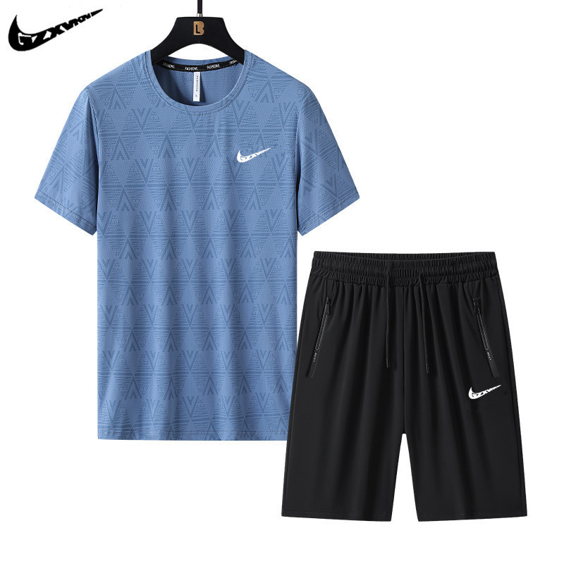 Summer Ice Silk Short-Sleeve Shorts Set Trendy Brand Round Neck Mesh Breathable Half-Sleeve T-Shirt Five-Point Shorts Sportswear for Men