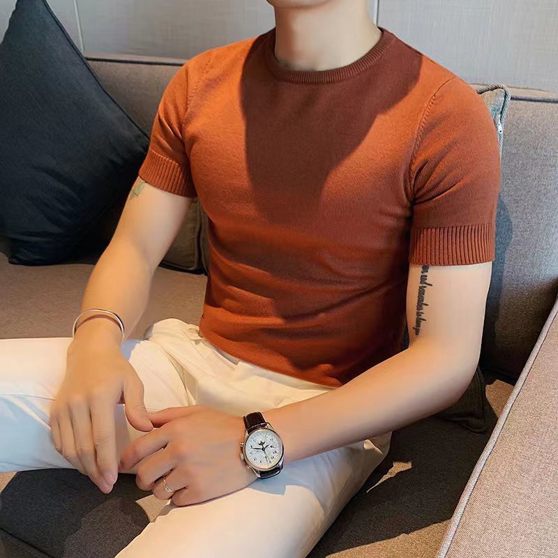 Camiseta de hombre de manga corta de punto de verano Camiseta de solapa de trabajo de color sólido delgado de estilo coreano Camiseta elástica delgada de moda al por mayor